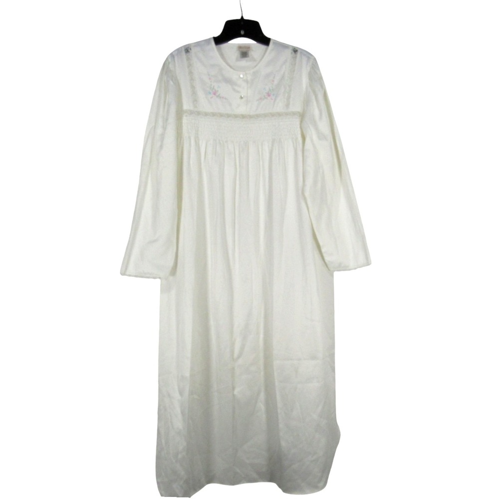 VTG BARBIZON White SATIN Fleece Backing SMOCK/LACE/FLORAL Nightgown Gown Sz M